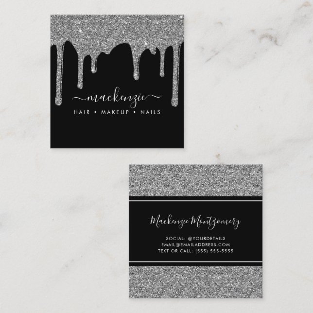 Black Silver Sparkle Glitter Drips Luxury Square Business Card (Front/Back)