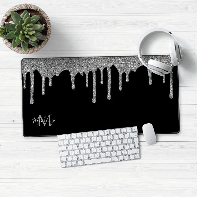 Black Silver Sparkle Glitter Drips Monogram Desk Mat (Black and Silver Glitter Drips Desk Mat Mouse Pad)