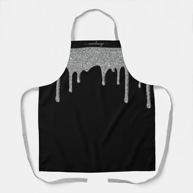 Black Silver Sparkle Glitter Drips Personalised Apron (Front)