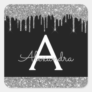 Black Silver Sparkle Glitter Monogram Square Sticker