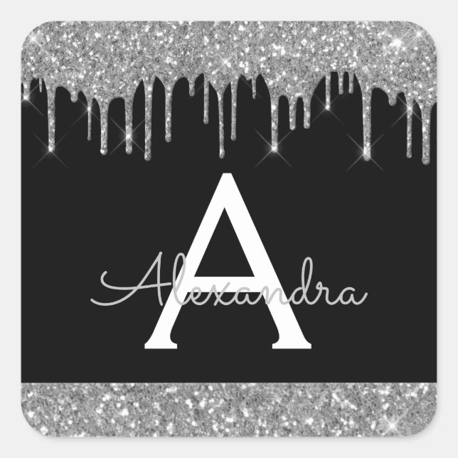 Black Silver Sparkle Glitter Monogram Square Sticker (Front)