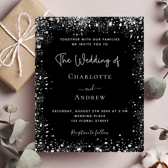 Black silver sparkle wedding invitation budget (Creator Uploaded)