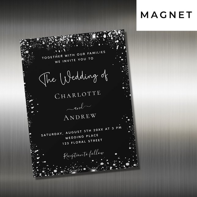 Black silver sparkle wedding invitation magnet (Creator Uploaded)