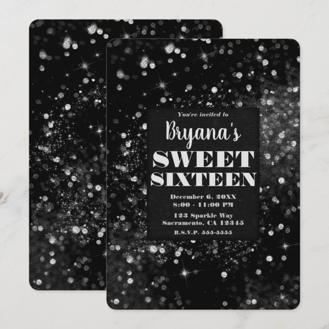 Black Silver Sparkling Lights Glam Sweet 16 Party Invitation (Front/Back)