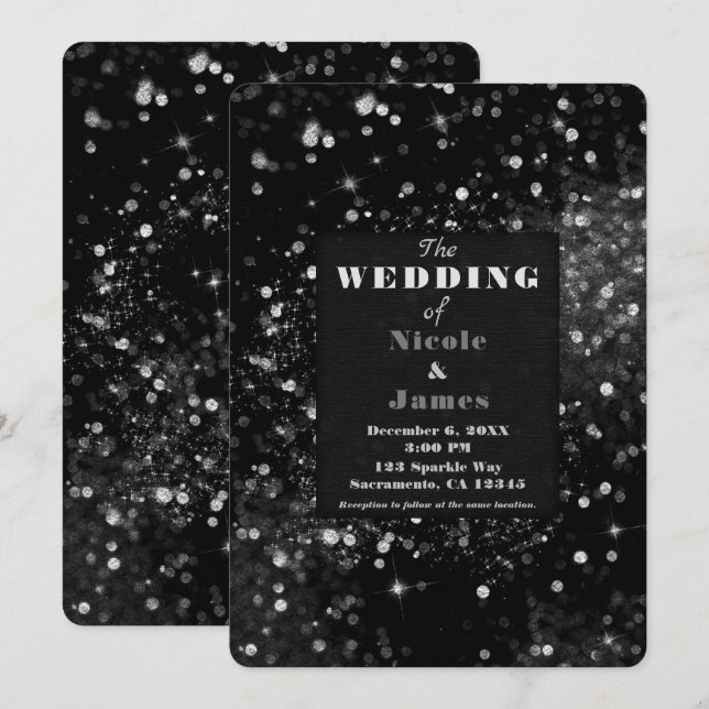Black & Silver Sparkling Lights Glam Wedding Invitation (Front/Back)