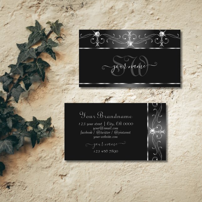 Black Silver Squiggles Sparkling Diamonds Initials Business Card (Creator Uploaded)