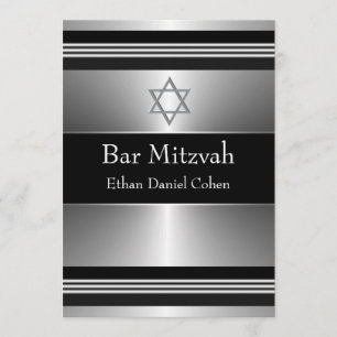 Black Silver Star of David Bar Mitzvah Invitation
