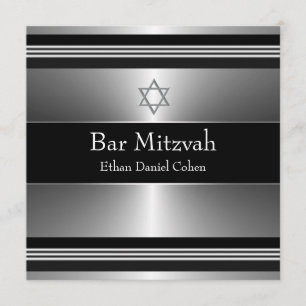 Black Silver Star of David Bar Mitzvah Invitation
