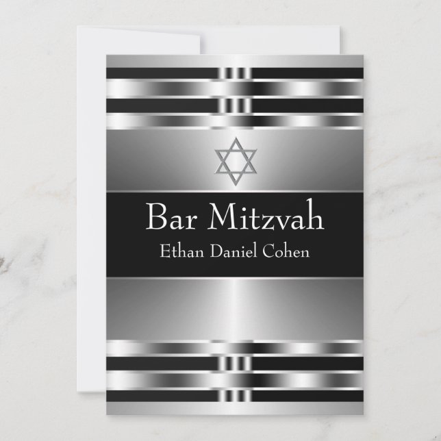 Black Silver Star of David Bar Mitzvah Invitation (Front)