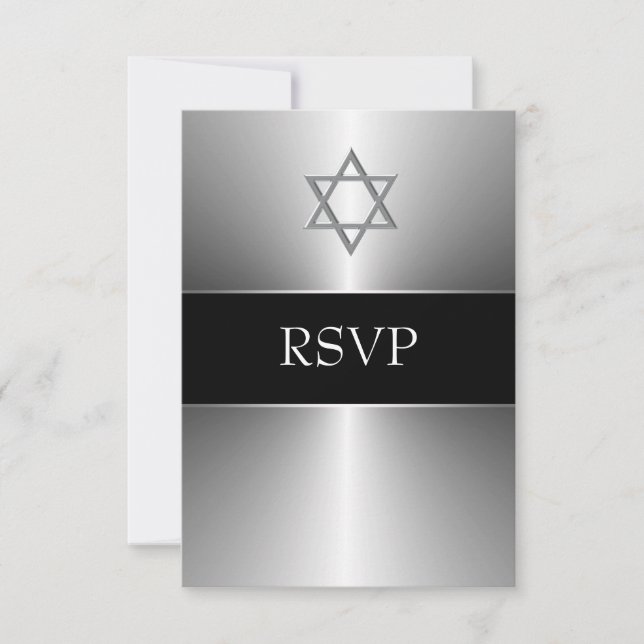 Black Silver Star of David Bar Mitzvah RSVP Card (Front)