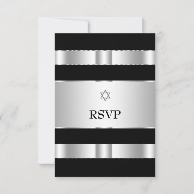 Black Silver Star of David Bar Mitzvah RSVP Cards (Front)