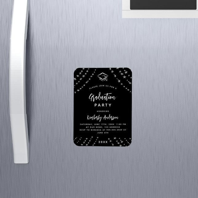 Black silver stars graduation party invitation magnet (Creator Uploaded)