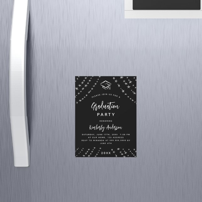 Black silver stars graduation party luxury magnetic invitation (Creator Uploaded)