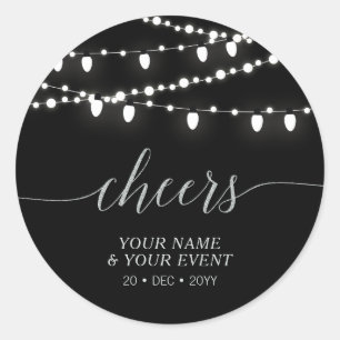 Black & Silver String Lights Cheers Party Favour Classic Round Sticker