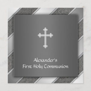 Black Silver Stripe Boy First Communion Invitation