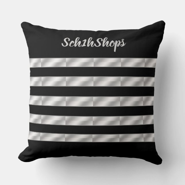 Black & Silver, Striped, Personalised Throw Pillow (Front)