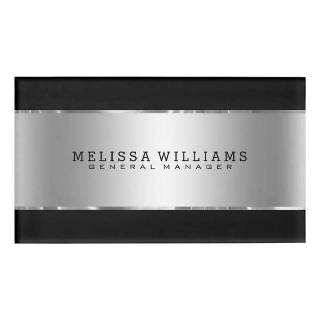Black & Silver Stripes Modern Geometric Design Name Tag (Front)
