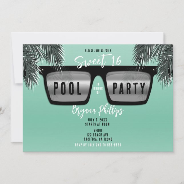 Black & Silver Sunglasses Teal Sweet 16 Pool Party Invitation (Front)