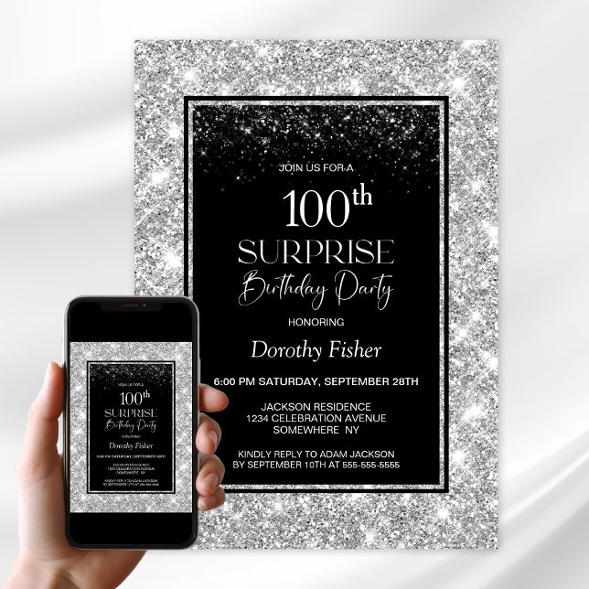 Black Silver Surprise 100th Birthday Party Invitation (Creator Uploaded)