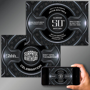 Black Silver Surprise 50th Birthday Party Invitation