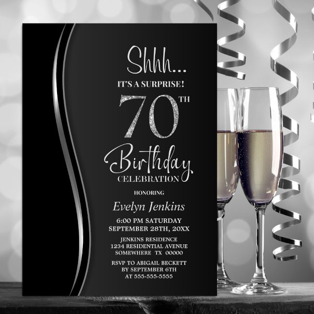 Black Silver Surprise 70th Birthday Invitation (Creator Uploaded)