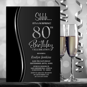 Black Silver Surprise 80th Birthday Invitation