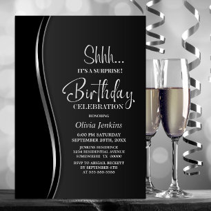 Black Silver Surprise Birthday Party Invitation
