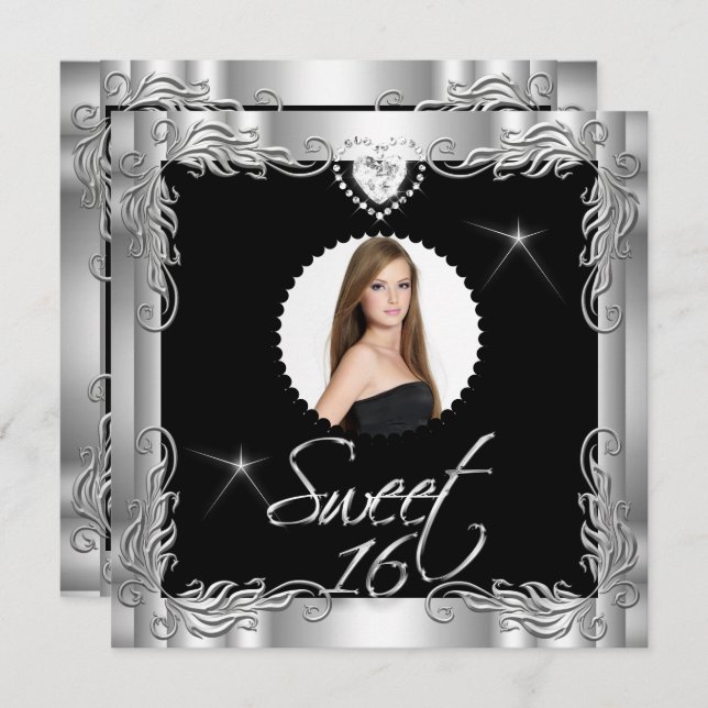 Black Silver Sweet Sixteen Sweet 16 Photo Invitation (Front/Back)