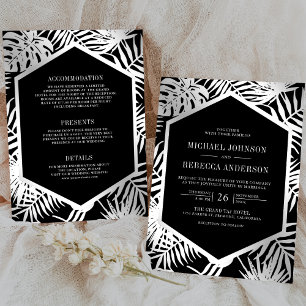 Black Silver Tropical Palm All in One Wedding Invitation