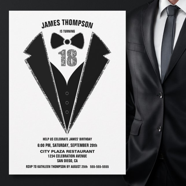 Black Silver Tuxedo 18th Birthday Party Invitation (Creator Uploaded)