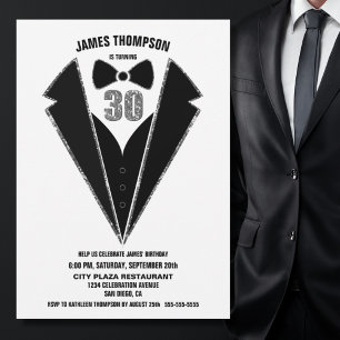 Black Silver Tuxedo 30th Birthday Party Invitation