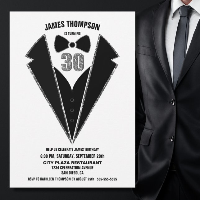 Black Silver Tuxedo 30th Birthday Party Invitation (Creator Uploaded)
