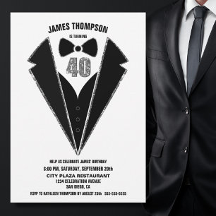 Black Silver Tuxedo 40th Birthday Party Invitation