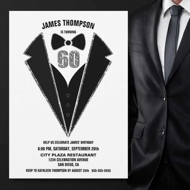 Black Silver Tuxedo 60th Birthday Party Invitation (Creator Uploaded)