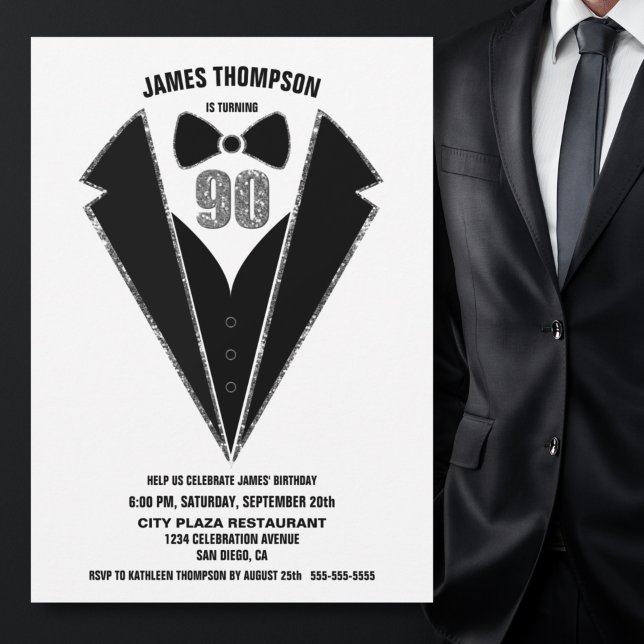 Black Silver Tuxedo 90th Birthday Party Invitation (Creator Uploaded)