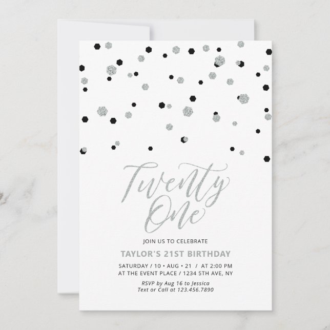 Black & Silver Twenty One 21st Birthday Party Invitation (Front)