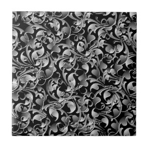 Black & Silver Twining Leaves Ceramic Tile