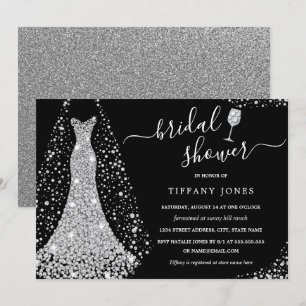 Black Silver Wedding Dress Sparkle Bridal Shower Invitation