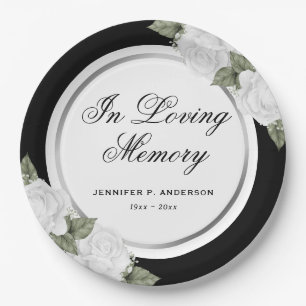 Black Silver White Floral Memorial Funeral Paper Plate