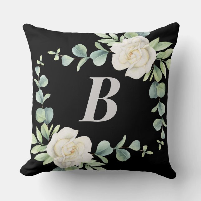 Black, Silver, White Floral Monogram Throw Pillow (Front)