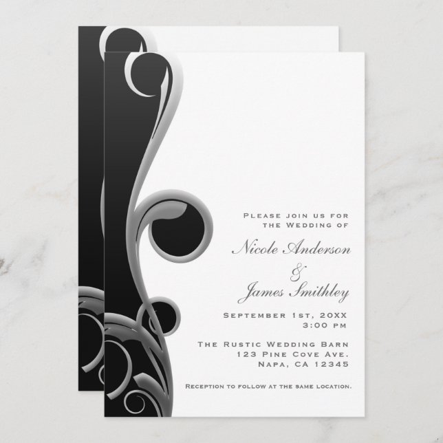 Black Silver White Glam Elegant Swirl Wedding Invitation (Front/Back)