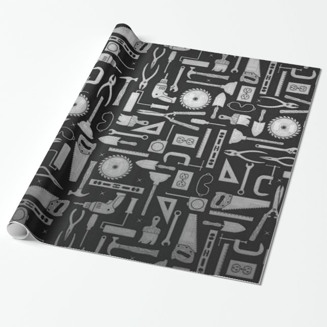 Black & Silver Workshop Tools Wrapping Paper (Unrolled)