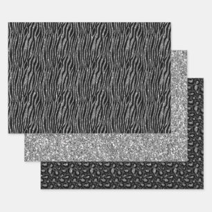 Black Silver Zebra Animal Print Glitter      Wrapping Paper Sheet