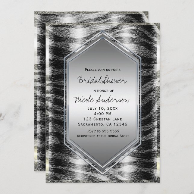Black Silver Zebra Wild Animal Print Exotic Party Invitation (Front/Back)