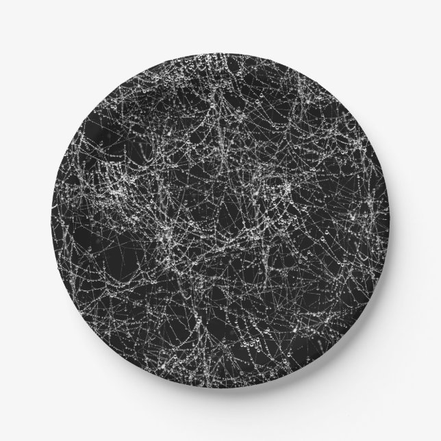 Black & Silvery Spider Webs Chic Halloween Paper Plate (Front)