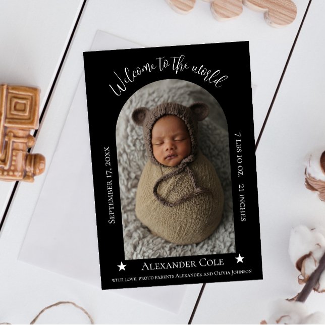 Black Simple Arch Frame Photo Birth Announcement (Black Simple Arch Frame Photo Birth Announcement)