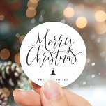 Black Simple Calligraphy Merry Christmas Classic Round Sticker<br><div class="desc">Personalized Christmas gift stickers feature big handwritten calligraphy and Christmas tree in black and white,   simple,  modern and elegant.</div>