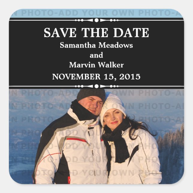 Black Simple Chic Photo Save the Date Stickers (Front)