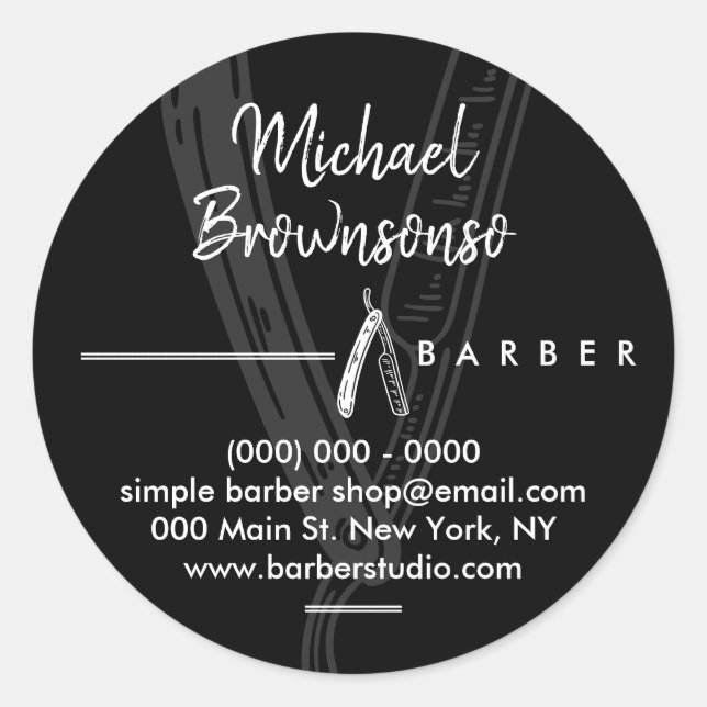 Black Simple Dark Logo Razor Barber Classic Round Sticker (Front)