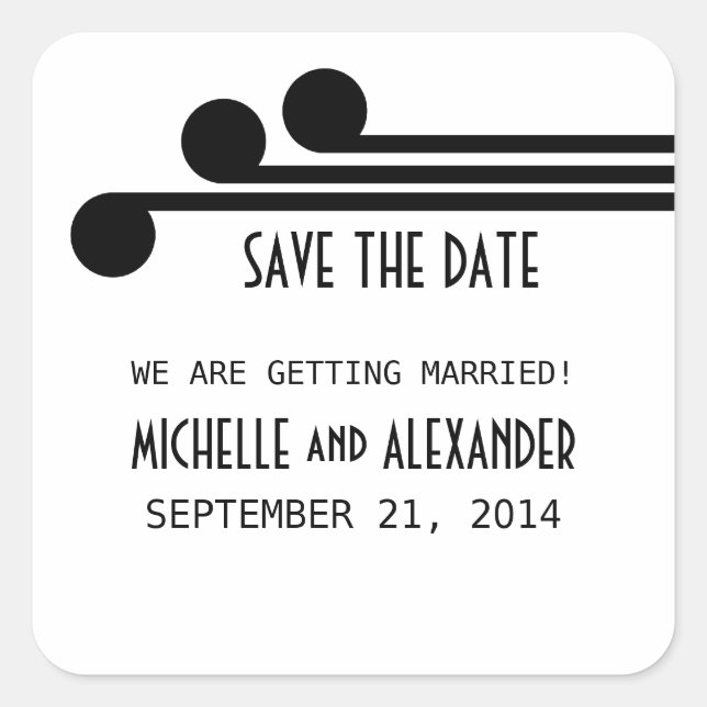 Black Simple Deco Chic Save the Date Stickers (Front)